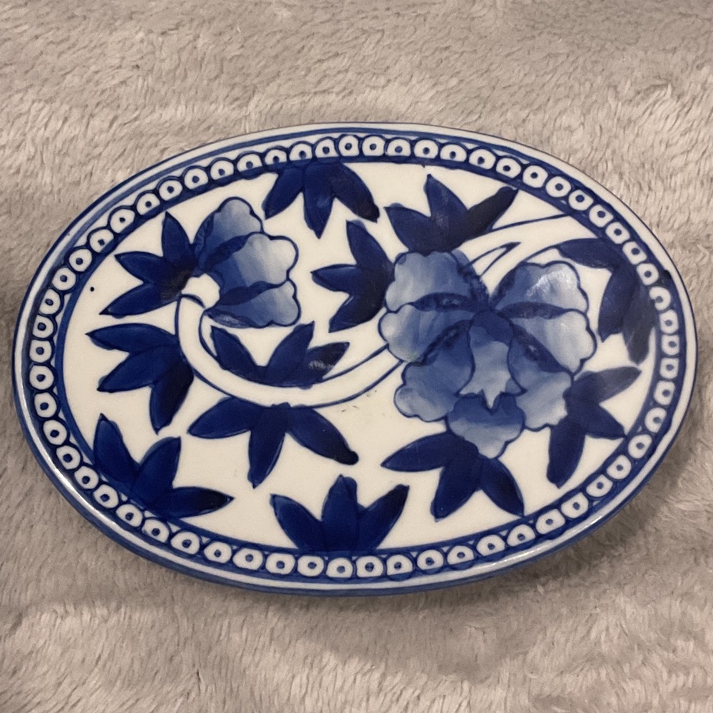 Blue and White Floral Oval Plate